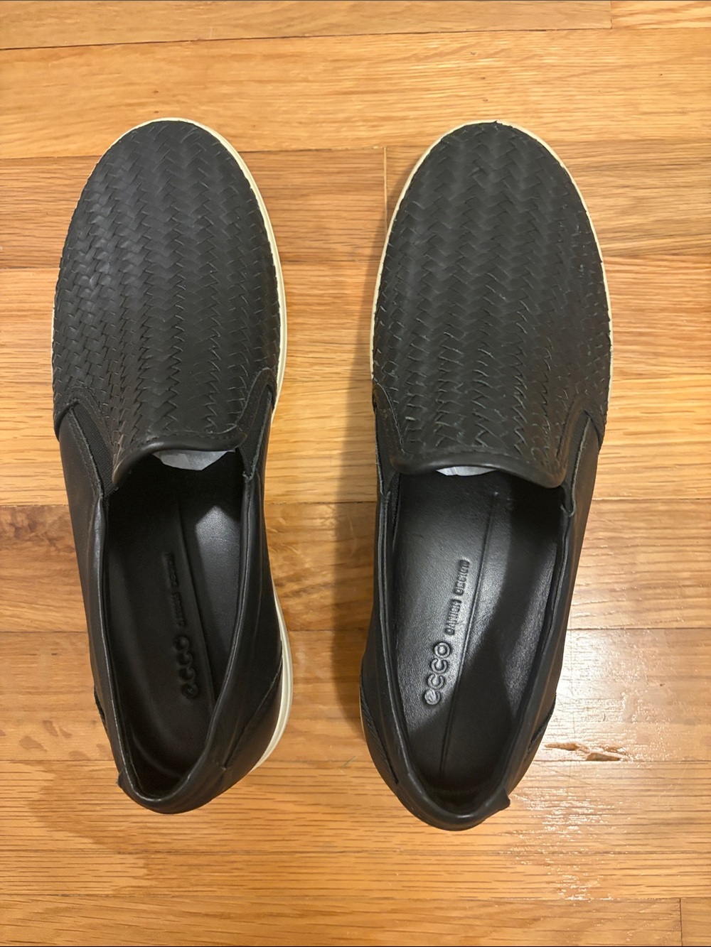 Ecco Black Woven Leather Slip-On Sneakers with White Sole